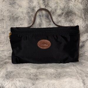 Longchamp Black Cosmetic Pouch with Brown Leather Trim